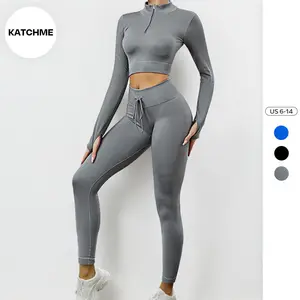 KatchMe Womenswear Athletic Round Neck Zipper Crop Top & Yoga Shaping Pants Co-ord,Butt-Lifting Shapewear,Long Sleeve Top & High Waist Leggings Set