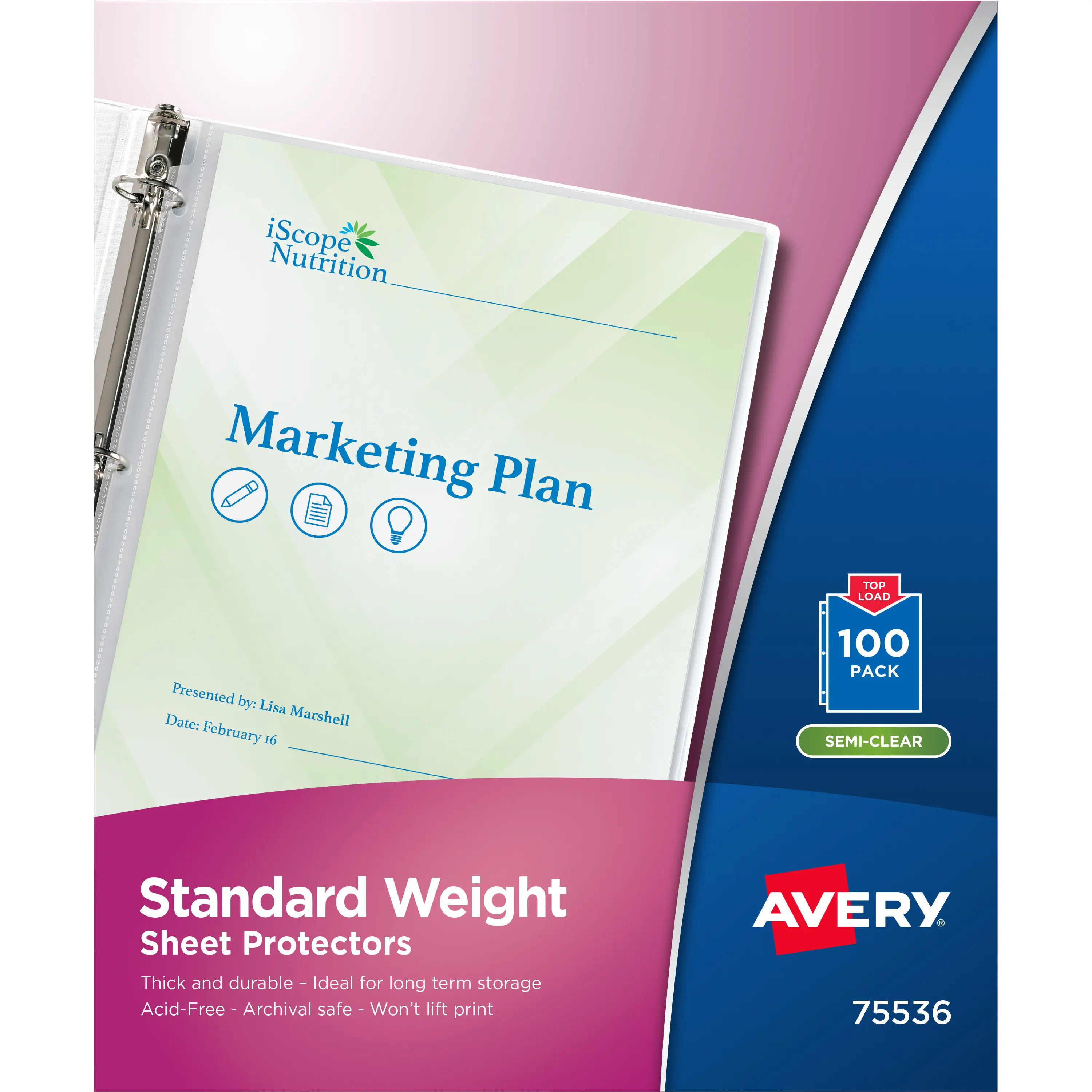 Avery Semi-Clear Standard Weight Top-Load Sheet Protectors, 100-Count Document Protectors for Planners (75536), Organizer Storage