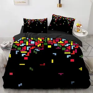Geometric Block Retro Game Bedding Set, 1 Fitted Sheet + 2 Pillowcases, Playful Vibe for Gamers' Bedrooms, Universal Fit, One Size