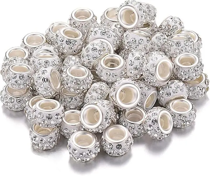 60 Pieces Hair Beads 12 mm Rhinestone European Large Hole Crystal Charm Beads for Braids for Women for Necklace Earring Bracelet Craft Making Supplies(White)