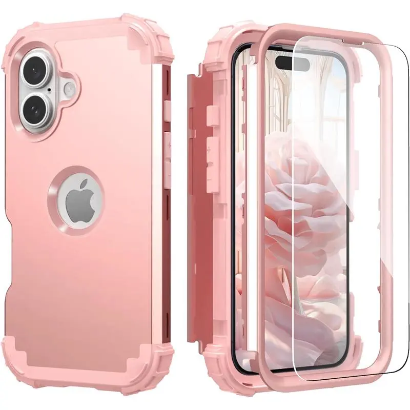 iPhone 16 Case with Screen Protector for Women, 3 in 1 Shockproof Slim Fit Hybrid Heavy Duty Hard PC Cover Soft Silicone Bumper Full Body Anti-Fingerprint Case Accessories Protection Protective Handheld Smartphone Cellphone Casing Phonecase