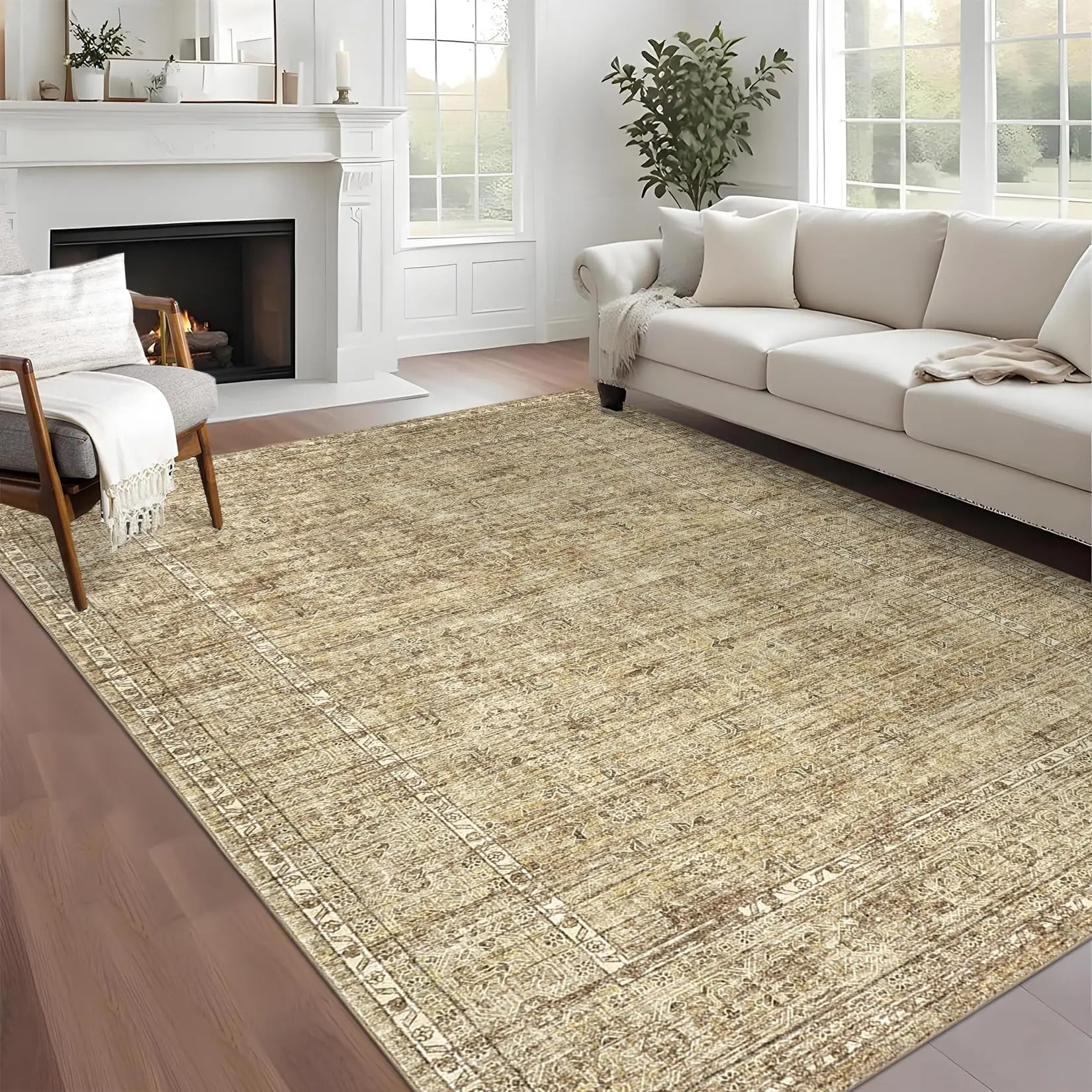 Floral Rugs 8x10, Washable Soft Non Slip Area Rug for Living Room Bedroom, Distressed Vintage Stain Resistant Large Under Table Carpet for Dining Room Office, Beige