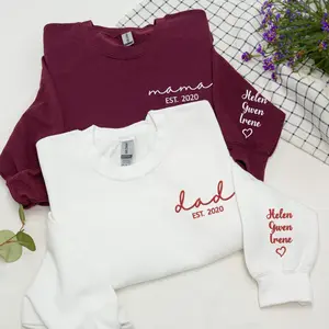 Custom Embroidered Mom & Dad Sweatshirt, Personalized with Kids Names on Sleeve, Baby Announcement Gift