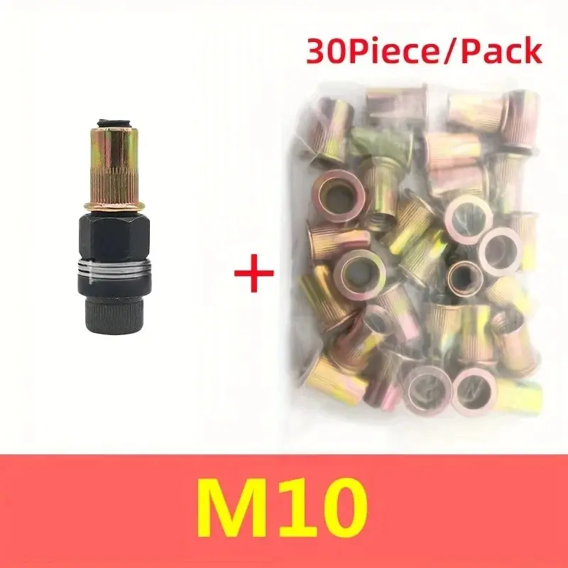 31-piece bagged rivet nut tool set Hand Tools, including 1 piece of M10 rivet nut head + 30 pcs M10 rivet nuts. This manual simple rivet nut tool is a hand-operated tightening nut head, easy-to-use rivet gun, suitable for thin iron sheet processing.