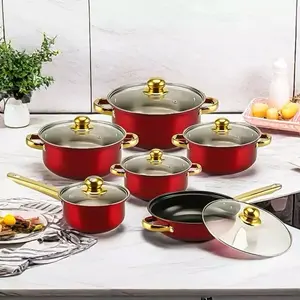 12 Piece Cookware Set Nonstick Pots and Pans Home Kitchen Cooking Non Stick Red with Gold Handles and Tempered Glass Lids