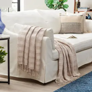 Chanasya Pleated Solid Plaid Acrylic Throw Blanket With Tassels - (50x65 Inches) Light Taupe