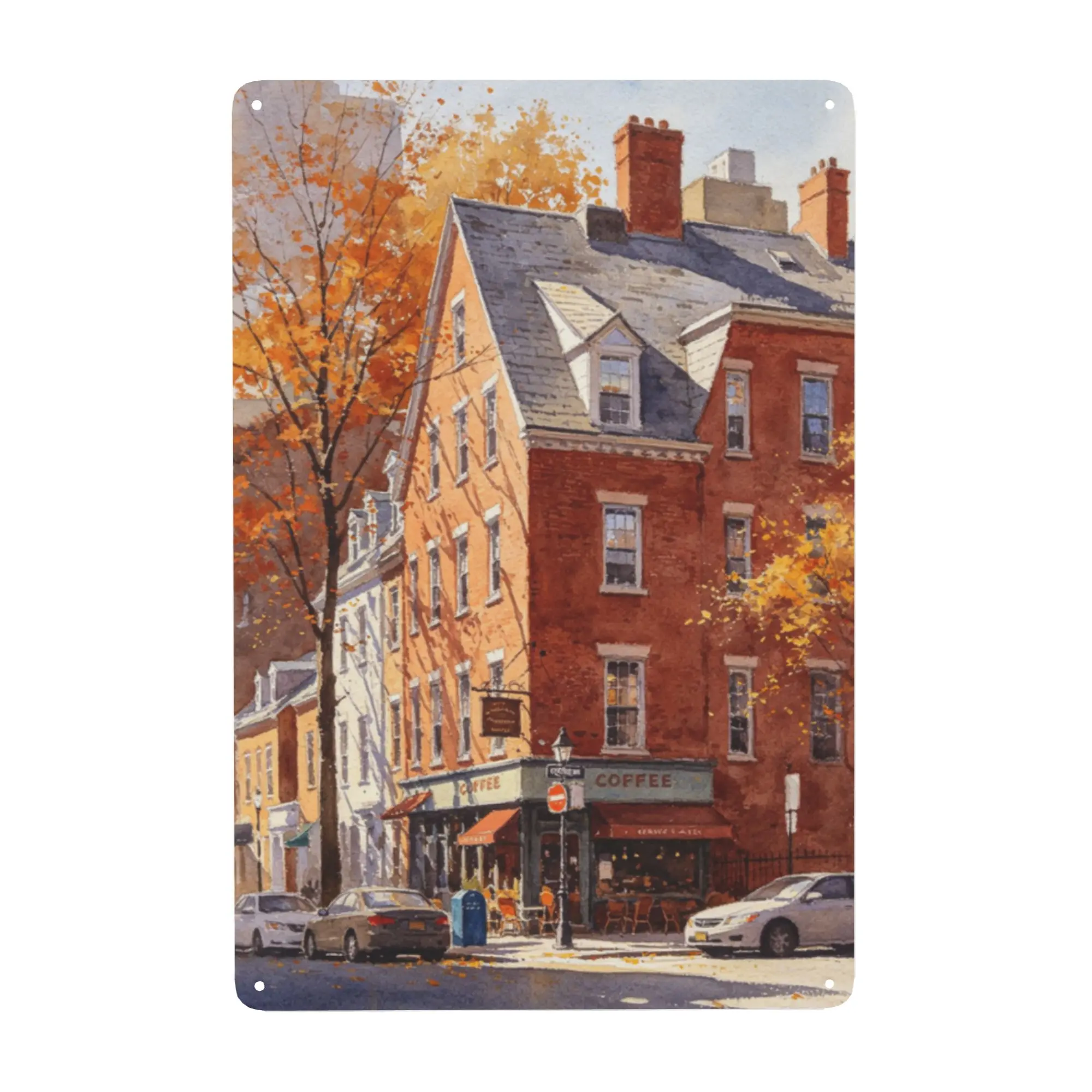 Retro Soft Watercolor Fall Painting Historic Red Brick Row Houses Corner Coffee Shop Autumn Foliage Downtown Street Parked Cars Aged Rust Iron Wall Sign,Vintage New England Fall City Tin Plaque,Calming Warm Wall Decor Gift For Cityscape Travel Lovers