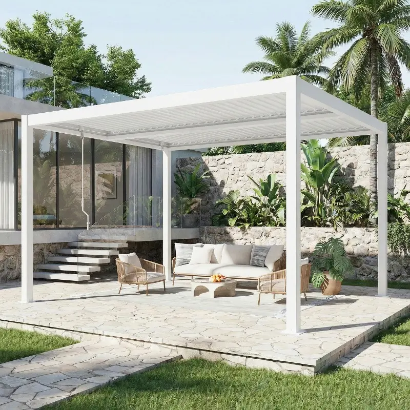 Outdoor Louvered Pergola with Adjustable Roof & Drainage, Heavy Duty Metal Patio Gazebo, Available in 10FT x 10FT & 10FT x 12FT, Black/White