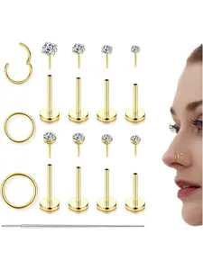 14K Gold Filled Flat Back Nose Studs For Women Men Hypoallergenic Steel Nose Rings Hoops Hinged Nose Ring- Threadless Flat Back Earrings Helix Cartilage Tragus Conch CZ Stud Labret Lip Nostril Septum Ring Body Piercing Jewelry 20G 18G 16G