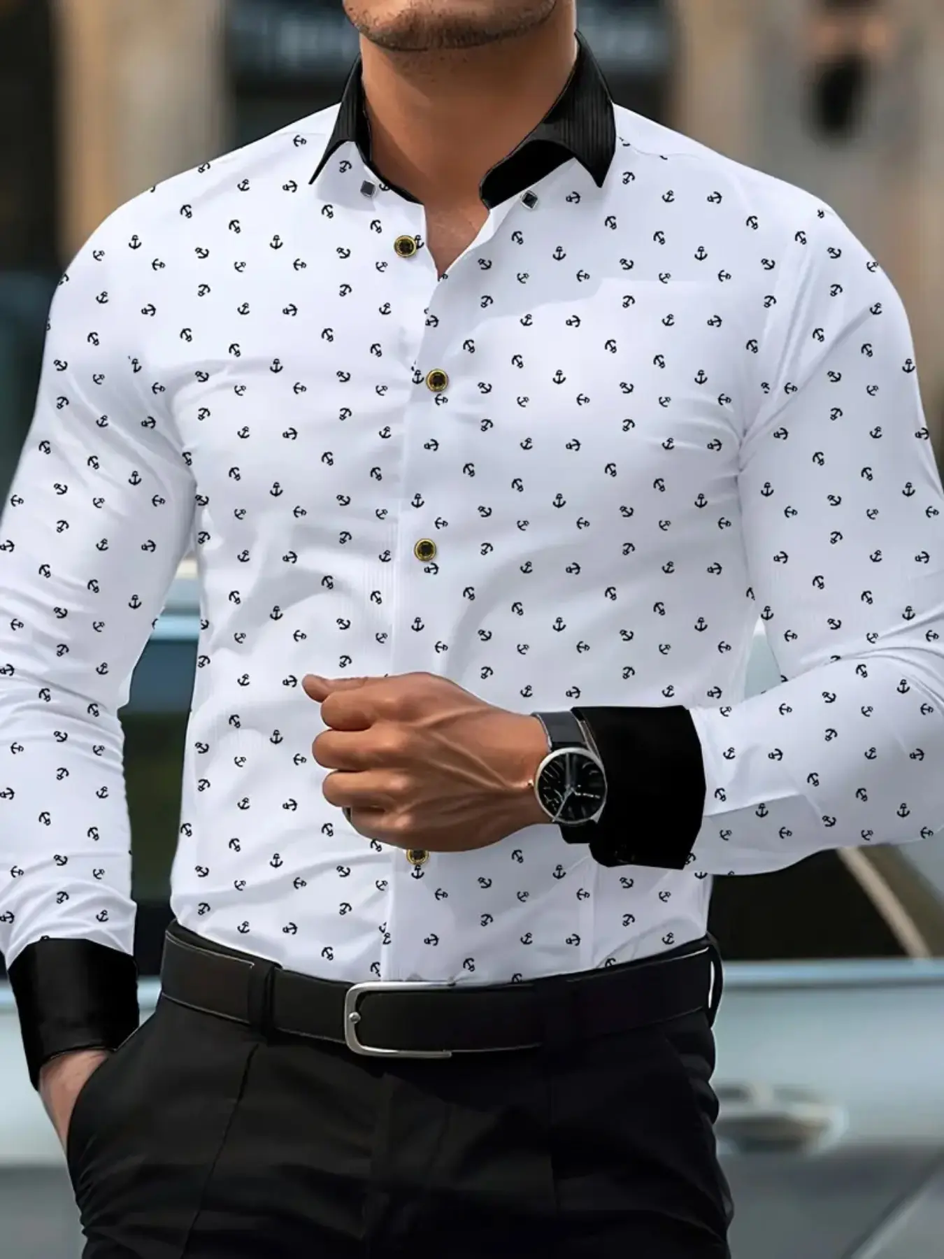 Men's Easy Iron Shirt Collared Patchwork, Unisex Solid Color Long Sleeve, Slim Fit Classic Business Style, Perfect Gift for Christmas and Valentine's Day Cs6021 Menswear Fashion Casual Shirt