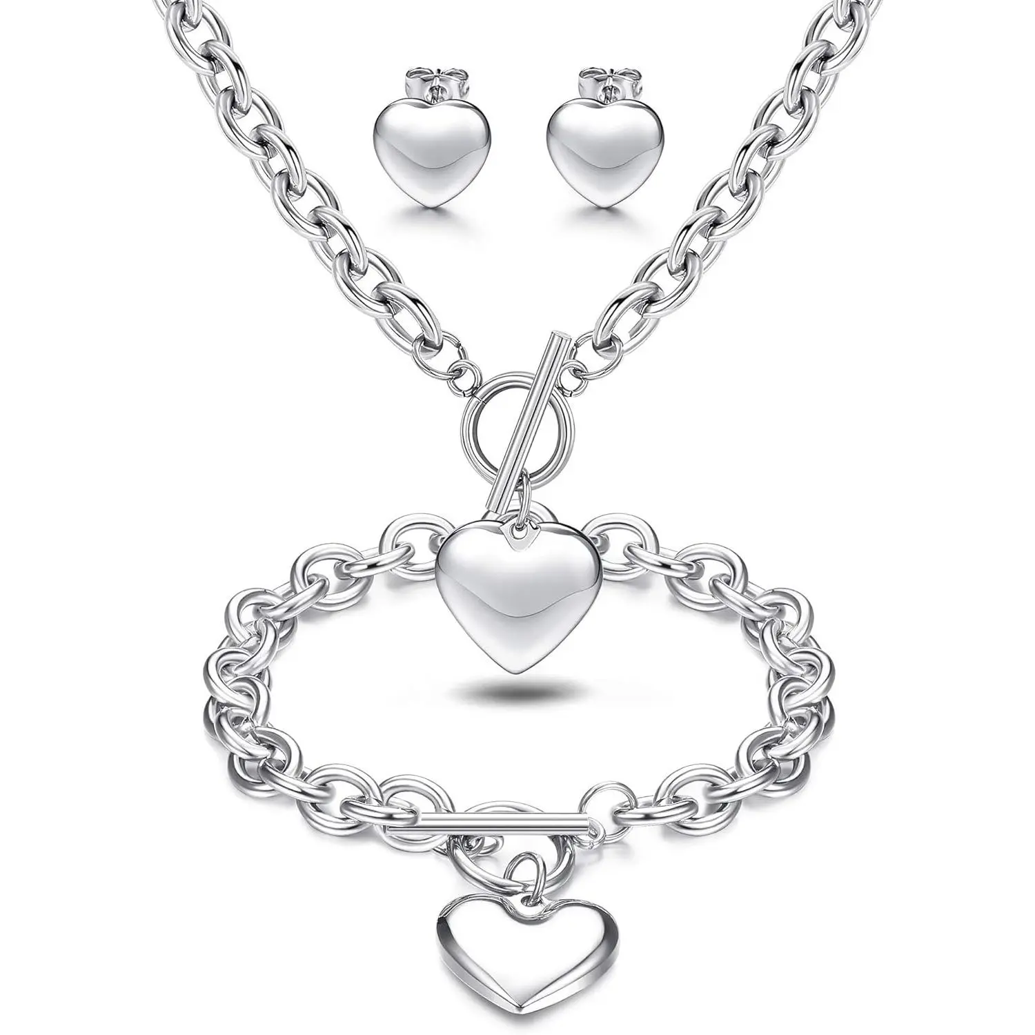 YADOCA Women's Stainless Steel Matching Jewelry Set - Heart Pendant, Necklace, Bracelet & Stud Earrings - Halloween Costume Accessory, Jewelry Sets, Heart Necklace Women