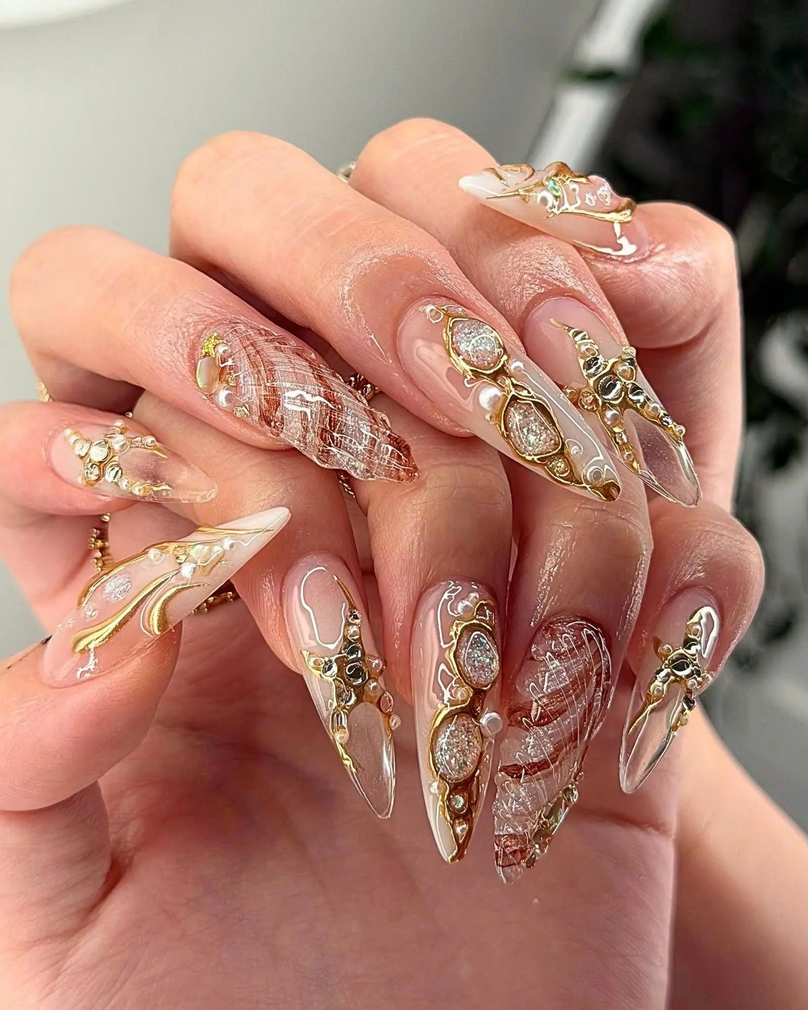 Handmade Crystal Shell Pearl Gel Press On Nails | Luxury Long Almond Reusable Fake Nails | Autumn Back to School Nail Art