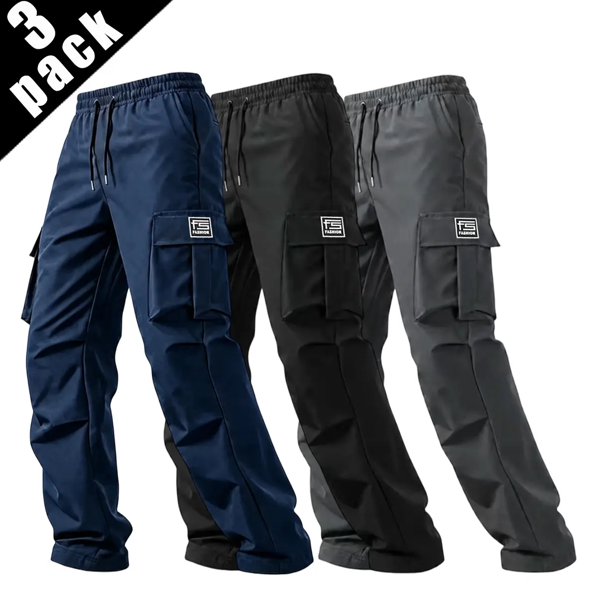 Men’s Tactical Cargo Pants 3-Pack - Menswear, Multi-Pocket, Regular Fit, Machine Washable, Elastic Drawcord Mid Waist, Durable Wear-Resistant, Retro Street, Hiking/Light Outdoor, Casual Workwear, Machine Washable Men's Pants