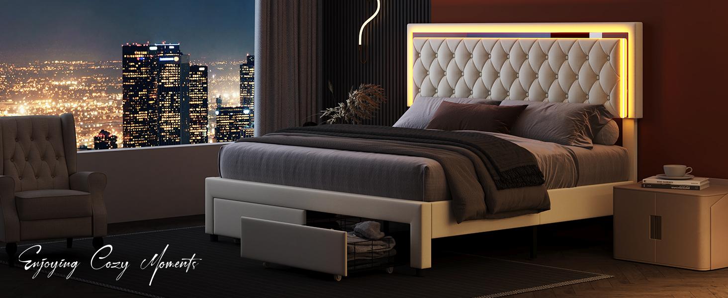 AMERLIFE Modern Bed Frame with Two Storage Drawers and Smart LED Lights, Velvet Upholstered Platform Bed Adjustable Headboard, Acrylic Mirror Decoration/Luxury Bedroom Furniture/Full/Queen/King Size/Best Gift Ideas/Christmas Gifts