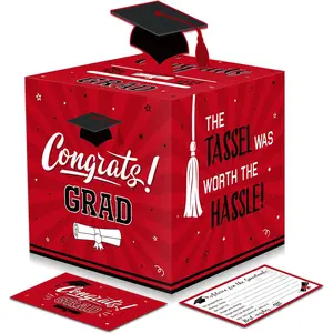 Large 2026 Red and Black Graduation Card Box with 30 Pcs Advice Card Gift Money Box Congrats Grad 3D Cap Top Holder Class of 2026 Party Decorations College Graduation Supplies