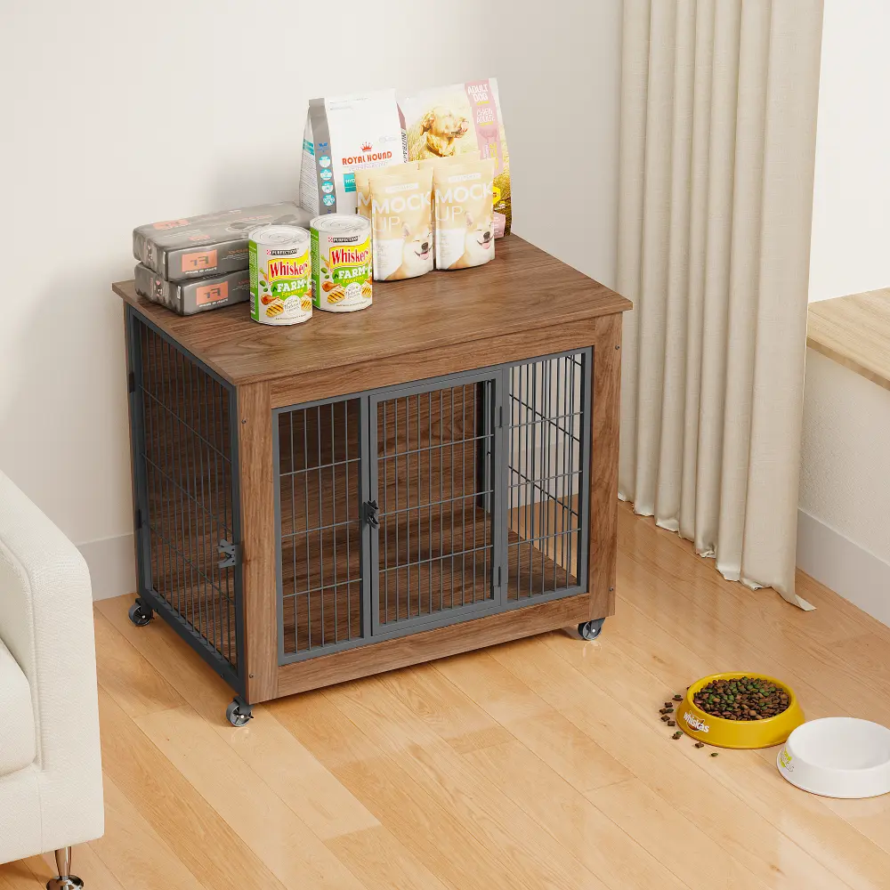 32.5" Dog Crate Furniture with Wheels for Small Dogs, Heavy Duty Dog Kennel Indoor with 2 Doors, Wooden Pet Cage End Table, Double-Doors Sturdy Metal Dog Cage for Anxiety Dog