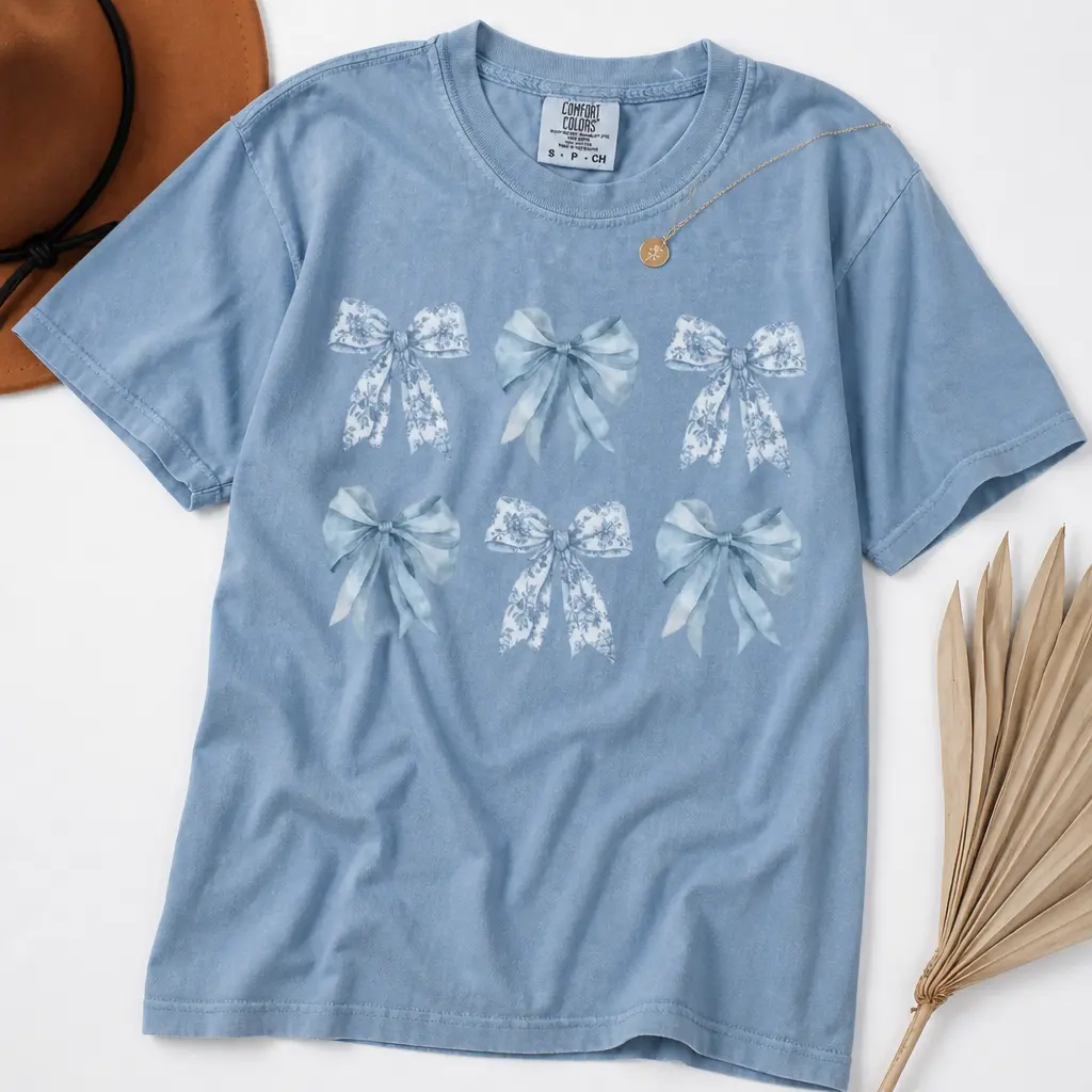 Toile Bow Shirt Blue Coquette Tshirt Cute Ribbon Tee Comfort Colors Shirt Girly Girl Aesthetic Gift for Her - Printfamily
