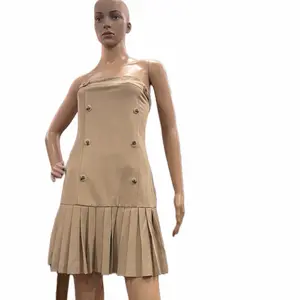 Anthropologie Elegant Beige Strapless Dress Size Small with Button Detail and Pleated Hem