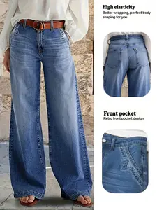 Women's High-Waisted Straight Leg Jeans, Comfortable Loose Fit Blue Denim Long Pants with Pocket, Perfect for Daily Casual Wear