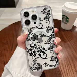 Black Floral Pattern Magnetic Clear Compatible with MagSafe Shockproof Protective Phone Case for iPhone X 11 12 13 14 15 16 17 Pro Max Plus Air Cover