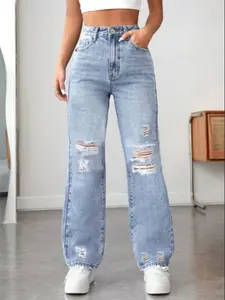 Women's Plain Ripped Wide Leg Jeans, Casual Comfy Denim Pants for Daily Wear, Ladies Bottoms for Summer