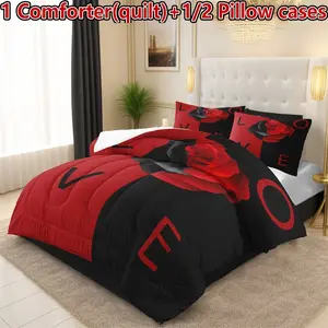 3-Piece Heart Rose Print Couples Bedding Set, Soft Lightweight Breathable Summer Quilt Cover Combo, Ideal Wedding Gift (1 Quilt + 2 Pillowcases)
