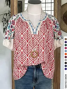 Women's Plus Size Short Sleeve V Neck Casual Shirt, Boho Style Loose Fit Blouse, All over Print, Daily Wear Fashion