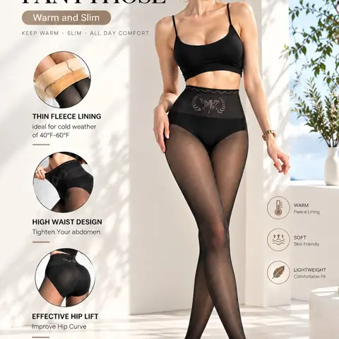 Women's Winter Thermal Pantyhose High Waist Tummy Control Butt Lifting Fleece Lined Transparent Leggings with Elasticity for Cold Days Strap Style Thick Womenswear Basic Fit Minimalist Translucent Black