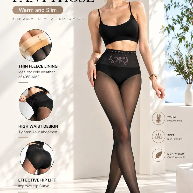 Women's Winter Thermal Pantyhose High Waist Tummy Control Butt Lifting Fleece Lined Transparent Leggings with Elasticity for Cold Days Strap Style Thick Womenswear Basic Fit Minimalist Translucent Black