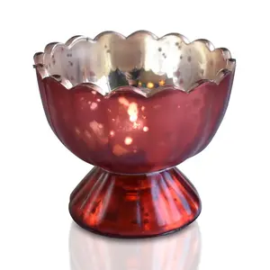 CLOSEOUT Vintage Mercury Glass Candle Holder (3-Inch, Suzanne Design, Sundae Cup Motif, Rustic Copper Red) - For Use with Tea Lights - Home Decor and Wedding Decorations