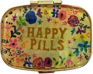 Metal Pill Organizer Travel Friendly Portable Compact Pill Box Cute Pill Case to Hold Vitamins/Tylenol/Fish Oil/Supplements/Meds/Tablet for Purse/Pocket(Happy Pills)