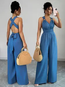 Selianne V-Neck Waist Cross Straps Open Back Wide Leg Straight Trousers Blue Women Jumpsuits Women Jumpsuits Women Summer Clothing Women Casual Clothing Women Resort Wear Summer Clothing Jumpsuits Women Jumpsuits Women Resort Wear