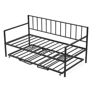 【Summervibes】VEVOR Twin Size Daybed Frame, Height Adjustable Day Bed with Trundle, Heavy Duty Metal Platform Bed Frame with LED Light and Charging Station, Twin Daybed with Metal Slats for Living Room, Bedroom