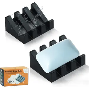 2 Pack Self Draining  Soap Dish for Shower & Kitchen - Waterfall Bar Soap Holder Tray, Non-Slip Soap Saver Keeps Soap Dry, Easy to Clean, Extends Soap Life (Black)
