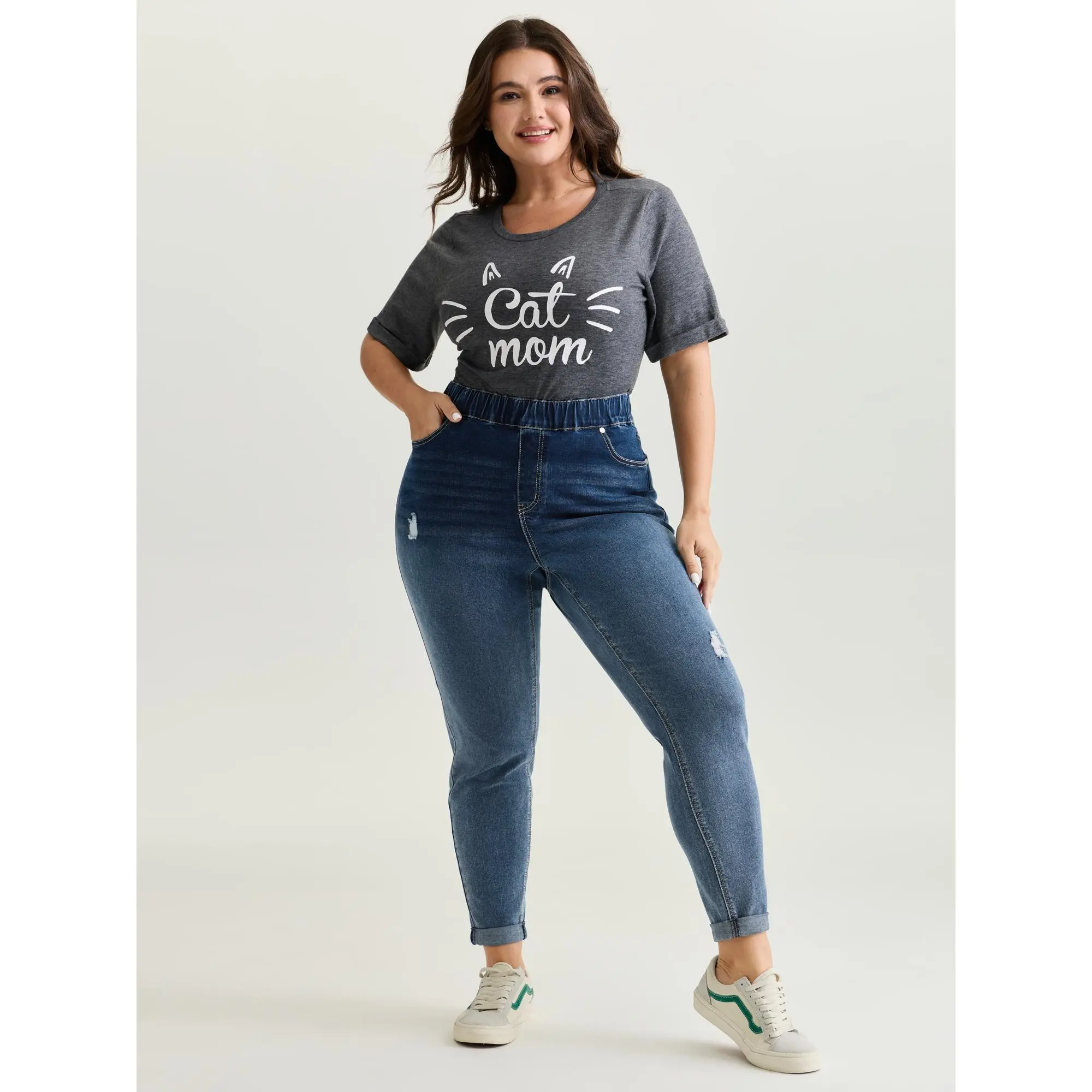 BLOOMCHIC Summer Turn-Up Plus Size Pull-On Elastic Waist Skinny-Fit Jeans Mid Blue High Stretch Full Length Slanted Pockets 2026 Mother's Day Pick 2026 Spandex, Cotton,summerwins Garment Women,Summerfinds,back to school shopping