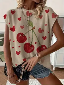 Spring/Summer collection, round neck raglan sleeves, loose fit, red cherry & heart print short-sleeve women's knit top. Vacation style, casual & elegant for commuting. Ladies' short-sleeve knit top, bikini cover-up, Valentine's Day.