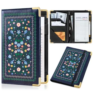 Faux Leather Server Book for Waitress, Cute Server Book with Zipper Pocket & Pen Holder, Fits Server Apron, Navy Blue Flowers
