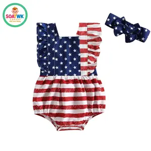 Baby Girl 4th of July Outfits, Sleeveless Backless Ruffle Romper with Headband Set