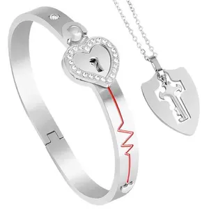 Heart Lock Bracelet & Key Necklace Set with "I Love You" In 100 Languages Key Pendant Necklace for Men and Women gf bracelet blue  jewelry imperial galentines day gift unisex design（gift）