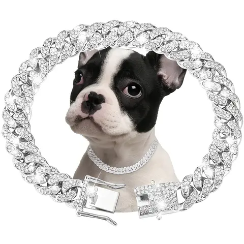 Chic Silver Rhinestone Dog Collar - Lightweight Comfy Diamond Cuban Link Metal Necklace, Sparkly Crystal Pet Accessory for Dogs & Cats (Ideal for Walks), Birthdays