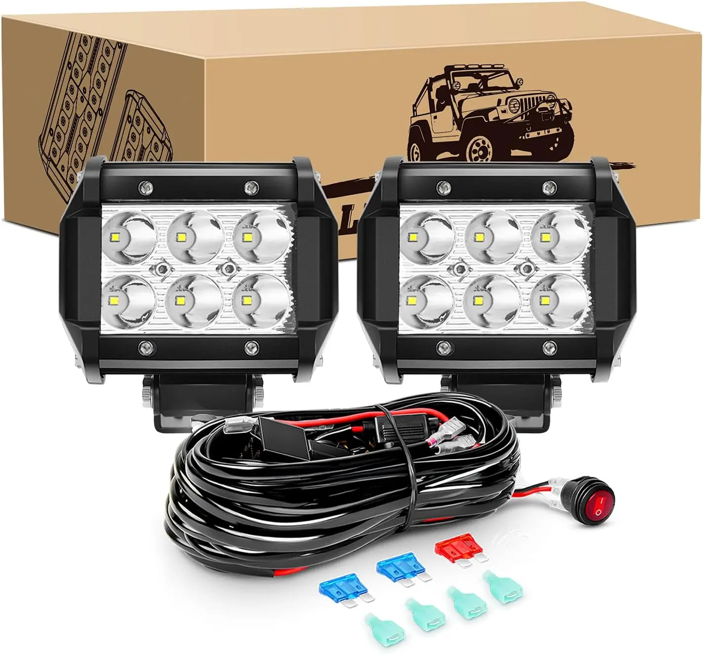 GOOACC 2PCS 4 Inch 18W Power Offroad Lights Spot Light Bar Fog Driving Lighting with 16AWG Harness Kit-2 Leads for Truck/ATV, Golf Cart, 2 Years Warranty (Auto-500)