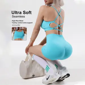 Women's 2-Piece Sporty Sports Underwear Set, Cross-Suspender Beauty Back Yoga Bra, High-Waist Belly & Hip-Lift Fitness Biker Shorts for Yoga, Fitness