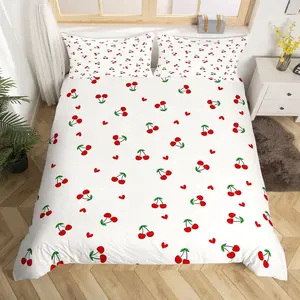 Feelyou Red Cherry Duvet Cover Set - Twin/Full Size, Cute Kawaii Cartoon Fruit Pattern, Microfiber Bedroom Bedding Set, Decorative Quilt Cover, Machine Washable, Room Decor (No Comforter), Decorative Duvet Cover