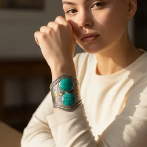 Afghani Handmade Turquoise Cuff Bracelet with Intricate Silver Accents and Stone Design