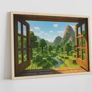 Block Video Game Decor: Steve Craft & Mine Movie Posters for Gaming Room - Field of Blocks Wall Art