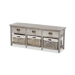 Light Grey Finished Wood 3-Drawer Storage Bench with Baskets