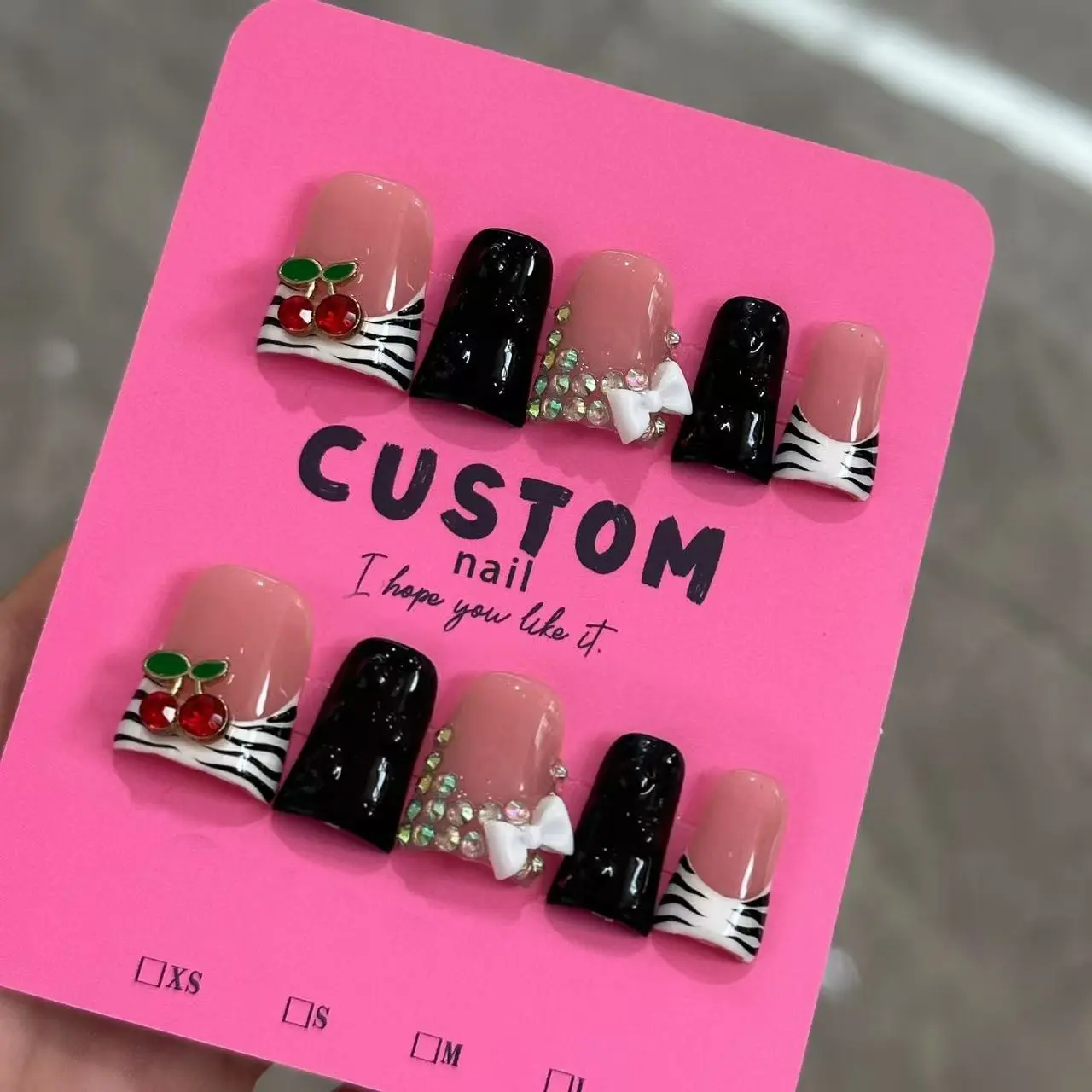 10pcs Sweet and cool style, hand-painted zebra print, three-dimensional cherry, bow, sparkling pile diamond handmade fake nails, Glittering fake nails, Decorative Nails, suitable for sisters' gatherings, friends' birthday parties and Christmas