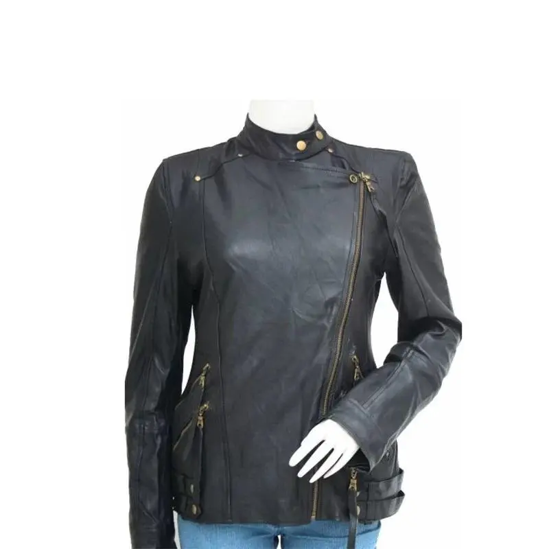 Women’s Golden Zipper Motorcycle Leather Jacket