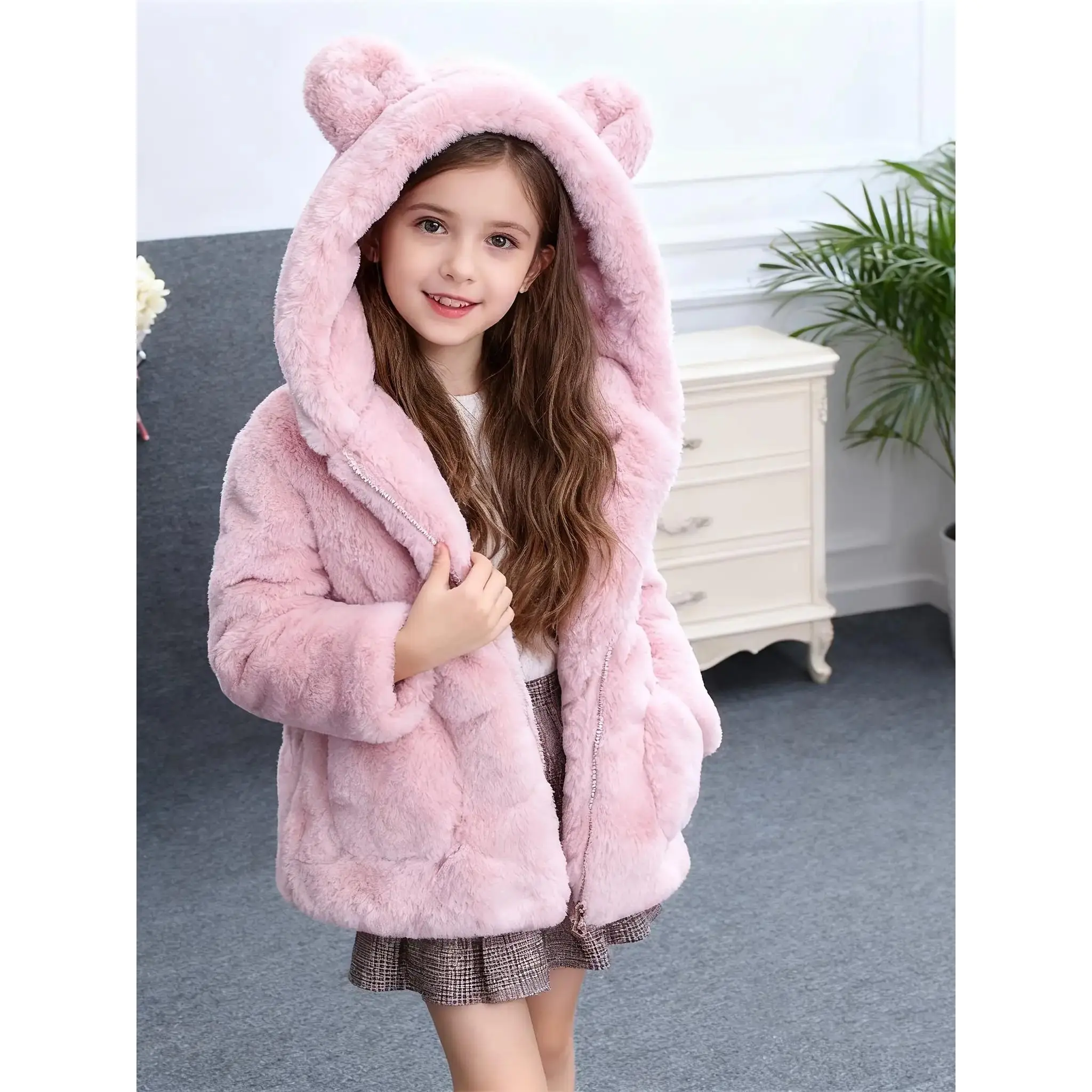 NewComfortable and Cute Girls' Faux Fur Hooded Jacket with Bear Ears - Thick Zip-Up Winter Coat, Soft Polyester Blend, Solid Color, Random Inner Print, Perfect for Autumn/Winter Warmth |             Stylish Ribbed Cuffs, Girls' Winter Wear