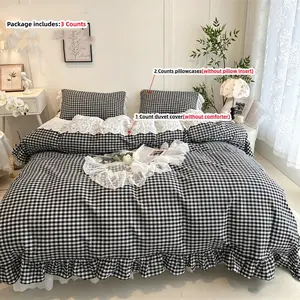 French lace plaid bedding duvet cover set, including 1 duvet cover and 2 pillowcases (without core)., fabric comfortable and soft, suitable for all seasons, and the duvet cover comes with a zipper for easy disassembly and washing Soft Bedding Sets